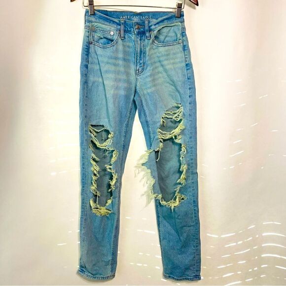 American Eagle Outfitters Womens Light Blue Washed Distressed 90s Straight Jeans - Picture 1 of 6